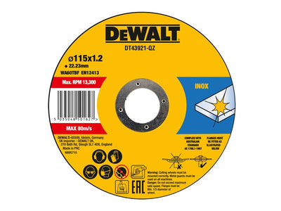 DeWalt DT43921 Metal Cut Off Disc 115 x 1.2 x 22.23mm (Pack 10)