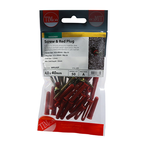 TIMCO Red Plastic Plugs with Screws - 30mm Red Plug, 4.0x40 Screw