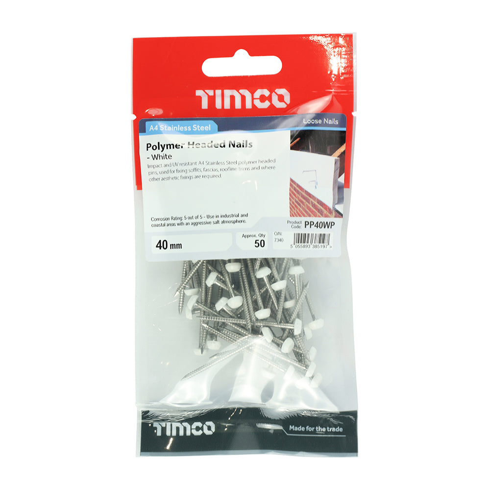 TIMCO Polymer Headed Pins A4 Stainless Steel White - 40mm