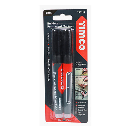 TIMCO Builders Permanent Markers Twin Pack Fine Tip Black - Fine Tip