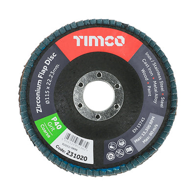 TIMCO Set of Flap Discs Zirconium Type 29 Conical P40 Grit - 115 x 22.23