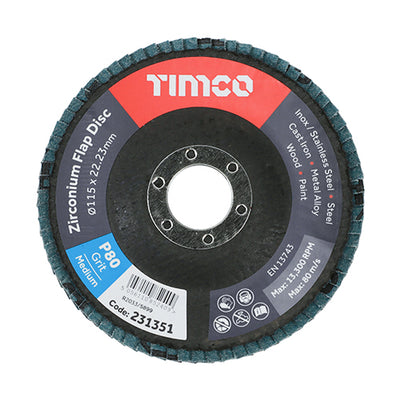TIMCO Set of Flap Discs Zirconium Type 29 Conical P80 Grit - 115 x 22.23