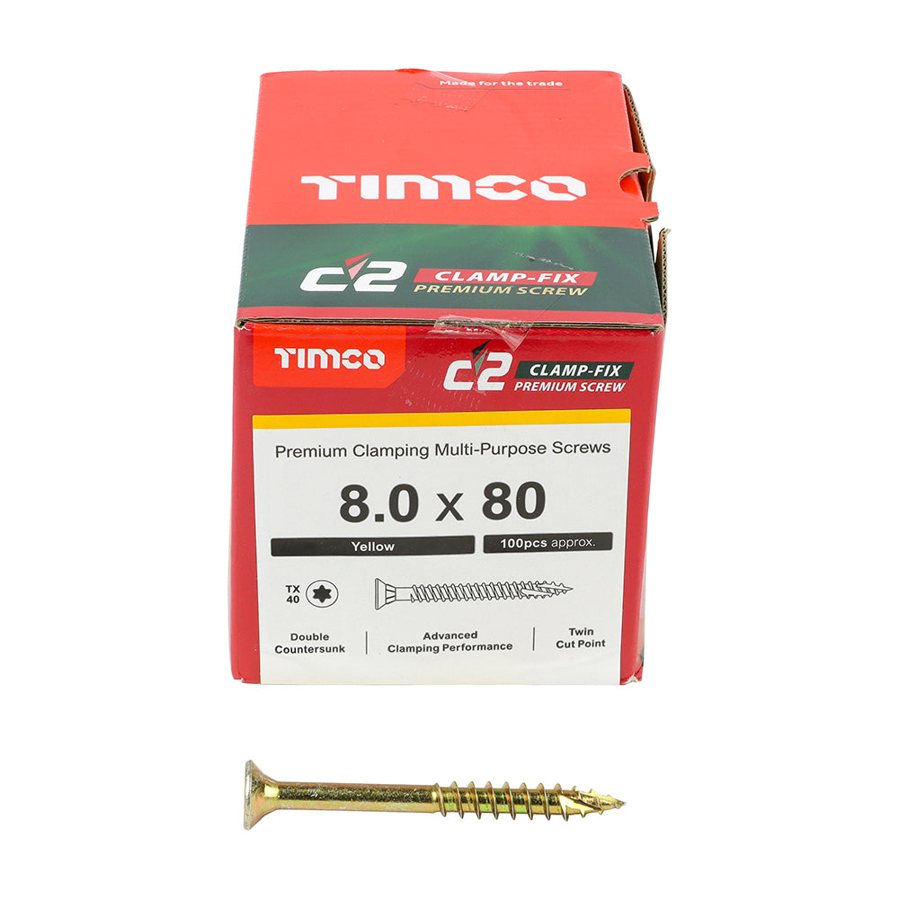 TIMCO C2 Clamp-Fix Multi-Purpose Premium Countersunk Gold Woodscrews - 8.0 x 80