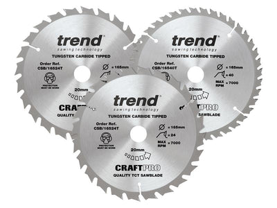 CraftPro Cordless Saw Blade 165 x 20mm x 24T/40T (Pack 3)