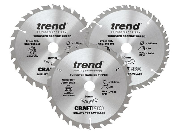 CraftPro Cordless Saw Blade 165 x 20mm x 24T/40T (Pack 3)