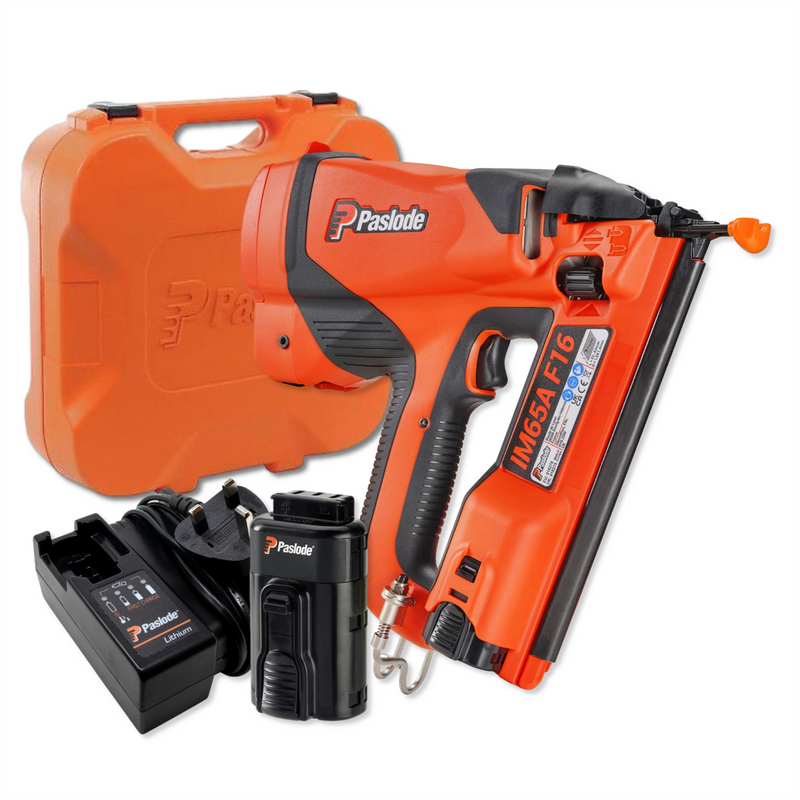Paslode IM65A F16 Angled Brad Nailer 916275 - Front View with Battery