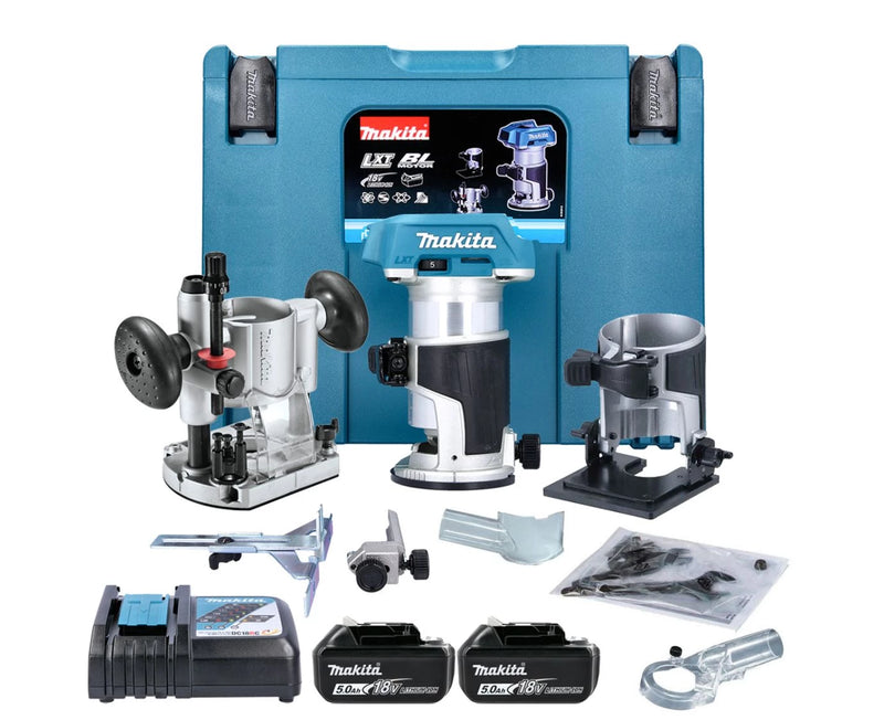Makita DRT50RTJX2 18V LXT Brushless Router/Trimmer Kit – 2 x 5.0Ah, Charger, 3 Bases, Makpac