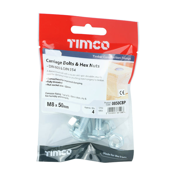 TIMCO Carriage Bolts DIN603 & Hex Full Nut DIN934 Silver - M8 x 50