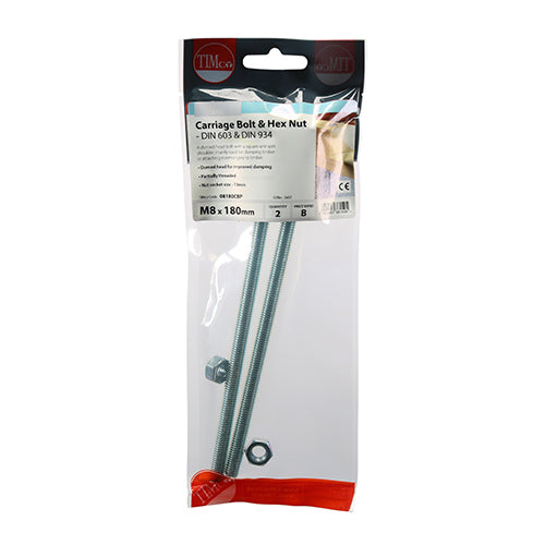 TIMCO Carriage Bolts DIN603 & Hex Full Nut DIN934 Silver - M8 x 180