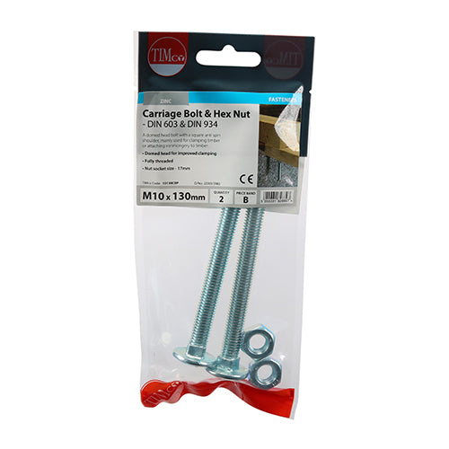 TIMCO Carriage Bolts DIN603 & Hex Full Nut DIN934 Silver - M10 x 130