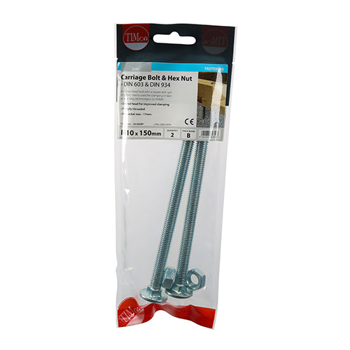 TIMCO Carriage Bolts DIN603 & Hex Full Nut DIN934 Silver - M10 x 150