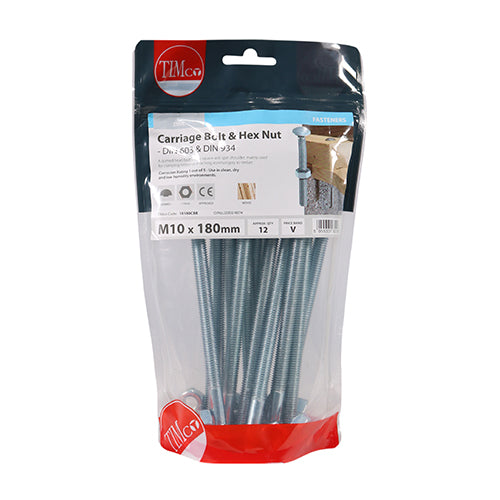 TIMCO Carriage Bolts DIN603 & Hex Full Nut DIN934 Silver - M10 x 180