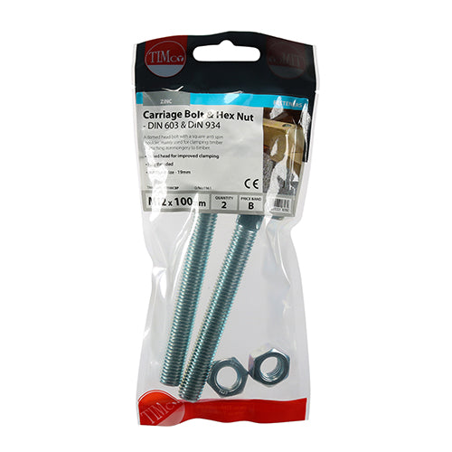 TIMCO Carriage Bolts DIN603 & Hex Full Nut DIN934 Silver - M12 x 100