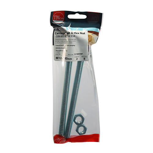 TIMCO Carriage Bolts DIN603 & Hex Full Nut DIN934 Silver - M12 x 180