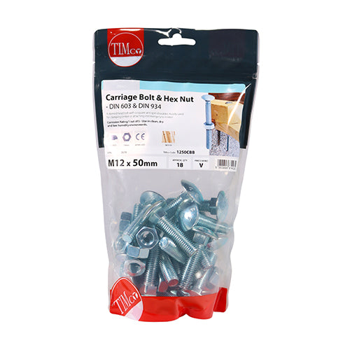 TIMCO Carriage Bolts DIN603 & Hex Full Nut DIN934 Silver - M12 x 50