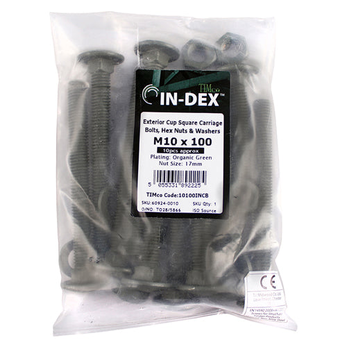 TIMCO Carriage Bolts DIN603 Hex Nuts & Form A Washers Green Exterior - M10 x 160