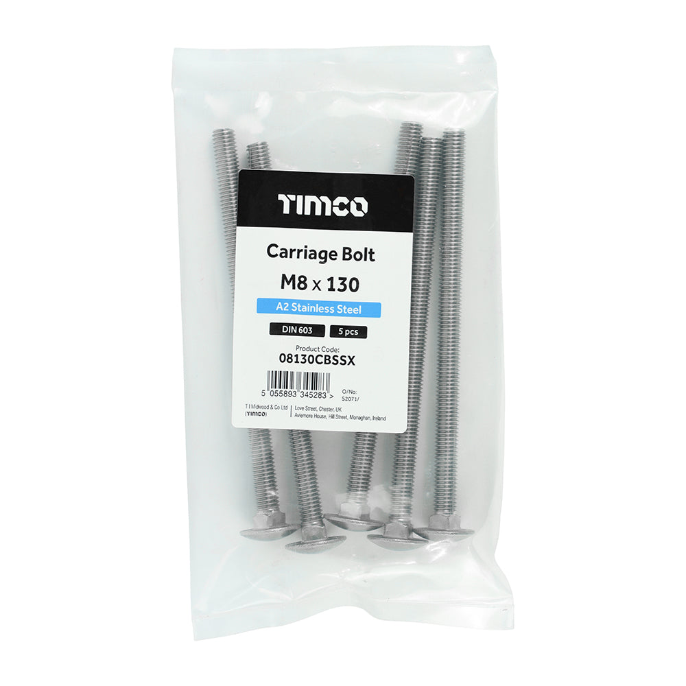 TIMCO Carriage Bolts DIN603 A2 Stainless Steel - M8 x 130