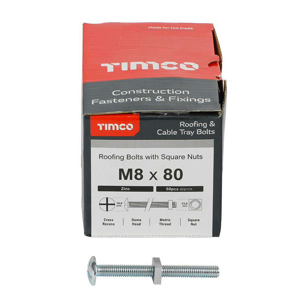 TIMCO Roofing Bolts & Square Nuts Silver - M8 x 80