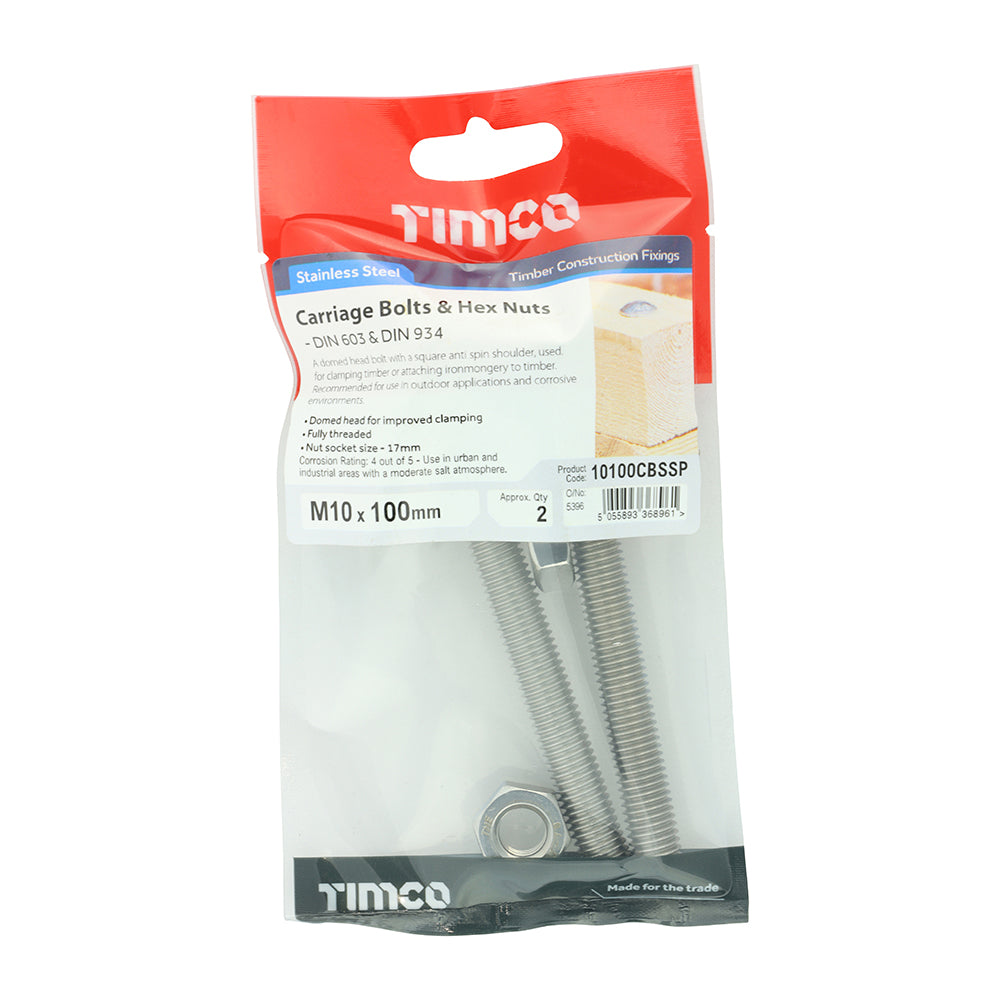 TIMCO Carriage Bolts DIN603 & Hex Full Nut DIN934 A2 Stainless Steel - M10 x 100