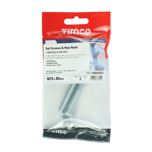 TIMCO Set Screws DIN933 Grade 8.8 & Hex Nut DIN934 Silver - M10 x 80