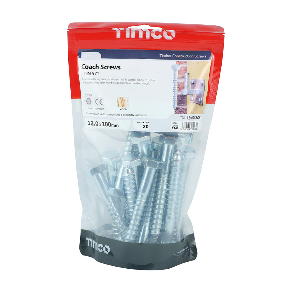 TIMCO Coach Screws Hex Head Silver  - 12.0 x 100