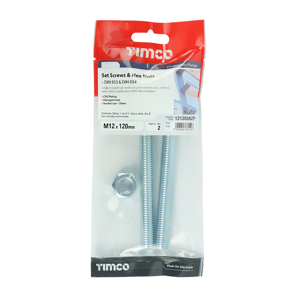 TIMCO Set Screws DIN933 Grade 8.8 & Hex Nut DIN934 Silver - M12 x 120