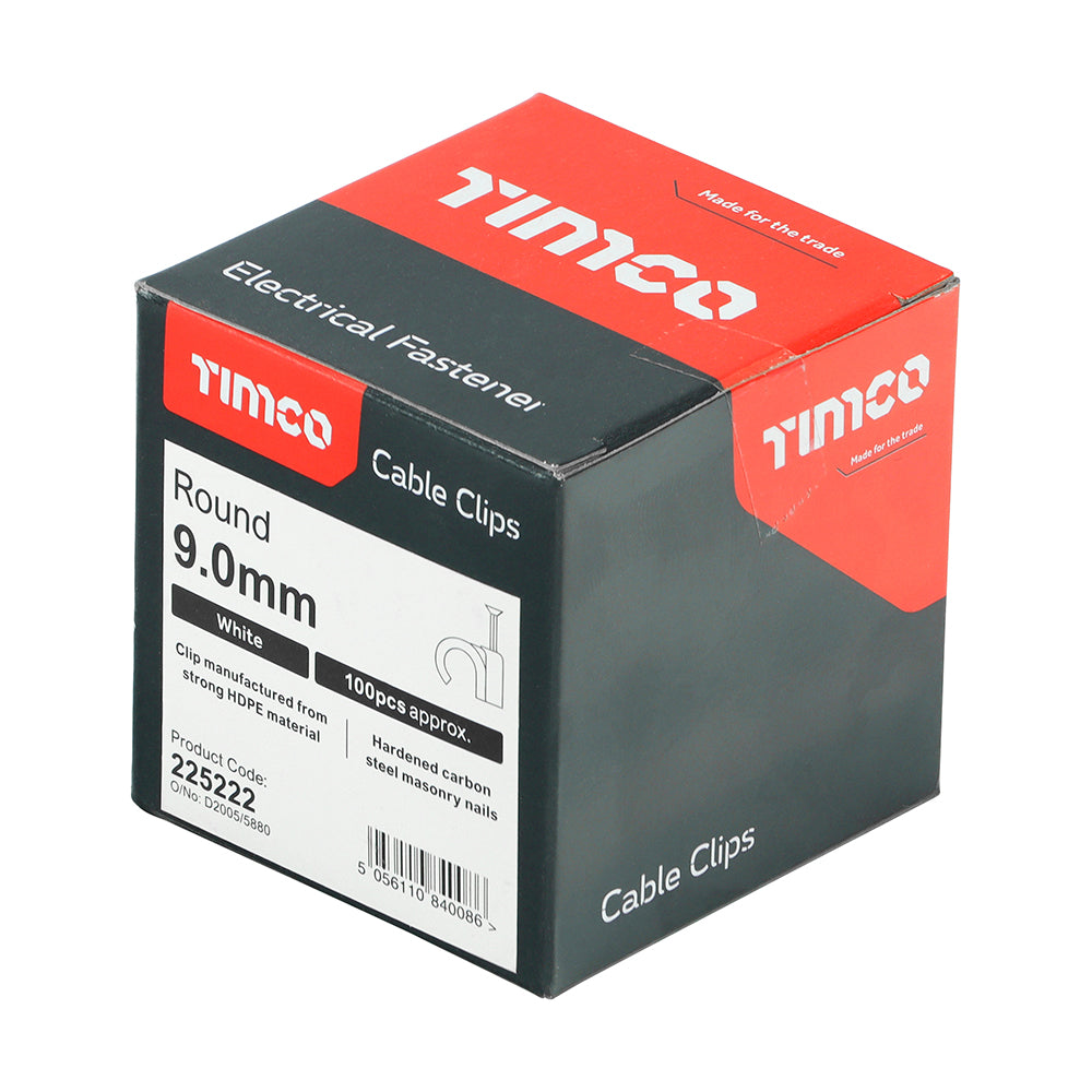 TIMCO Round Cable Clips White - To fit 9.0mm