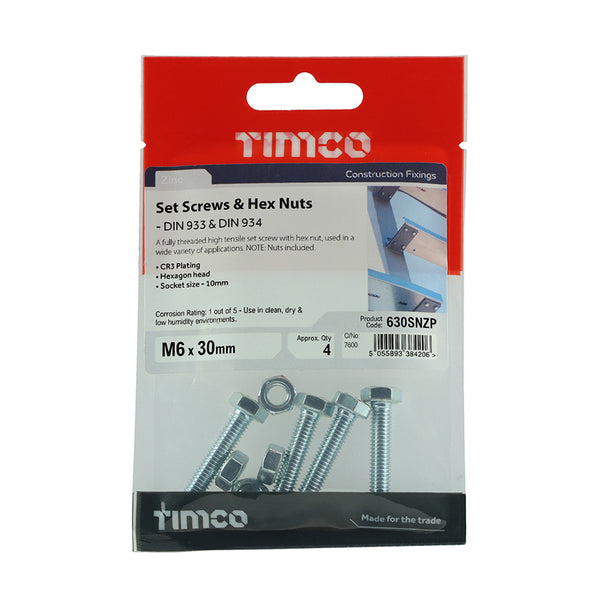TIMCO Set Screws DIN933 Grade 8.8 & Hex Nut DIN934 Silver - M6 x 30