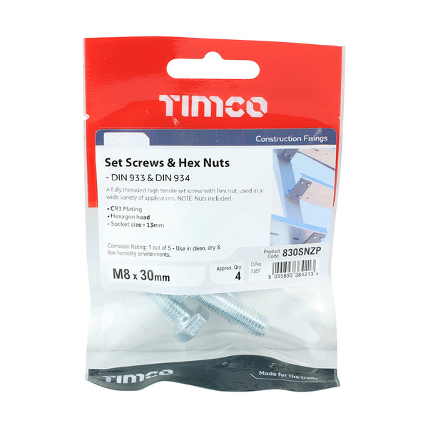 TIMCO Set Screws DIN933 Grade 8.8 & Hex Nut DIN934 Silver - M8 x 30