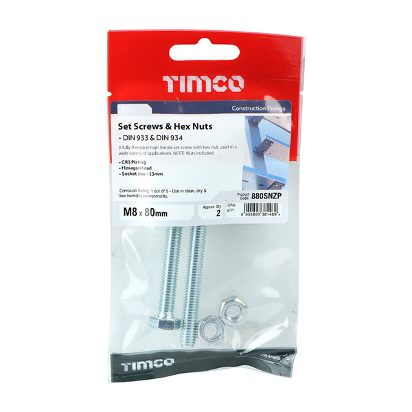 TIMCO Set Screws DIN933 Grade 8.8 & Hex Nut DIN934 Silver - M8 x 80