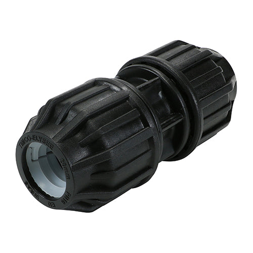 MDPE pipe coupler 20 x 20mm designed to join two equal diameter MDPE pipes for plumbing or irrigation use.