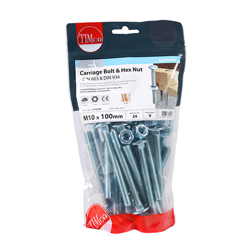 TIMCO Carriage Bolts DIN603 & Hex Full Nut DIN934 Silver - M10 x 100