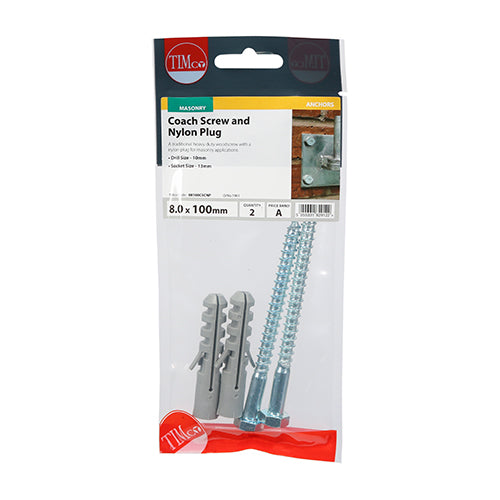 TIMCO Coach Screw & Nylon Plugs Zinc - 8.0 x 100