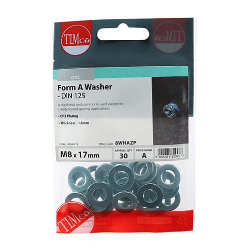 TIMCO M8 Silver Form A Washers DIN125-A for secure clamping and spacing in construction and mechanical applications.