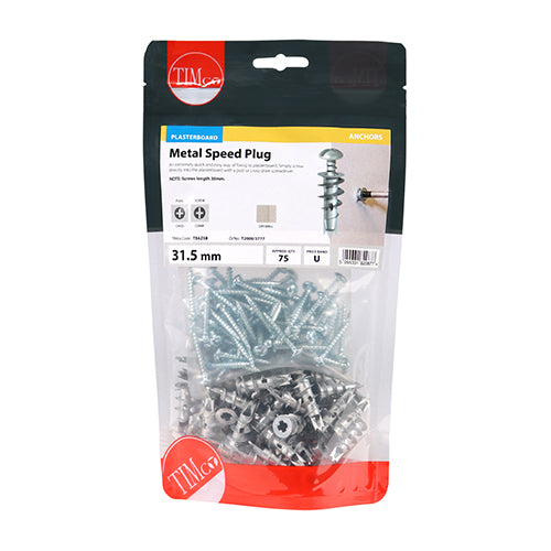 Silver plasterboard metal speed plugs and screws for quick, secure fixing using a pozi or cross drive screwdriver.