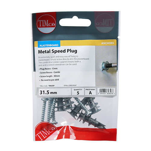 TIMCO Plasterboard Metal Speed Plugs & Screws Silver 31.5mm designed for rapid, secure light-duty plasterboard fixing.