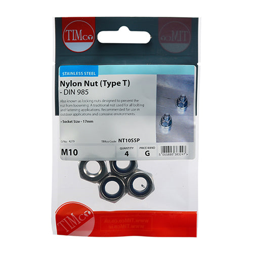 TIMCO Nylon Insert Nuts Type T DIN985 A2 Stainless Steel - M10
