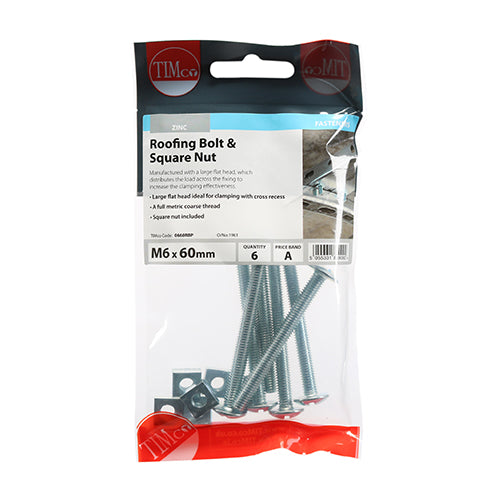 TIMCO Roofing Bolts & Square Nuts Silver - M6 x 60