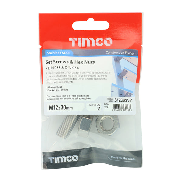 TIMCO Set Screws DIN933 Hex & Nut DIN934 Silver A2 Stainless Steel - M12 x 30