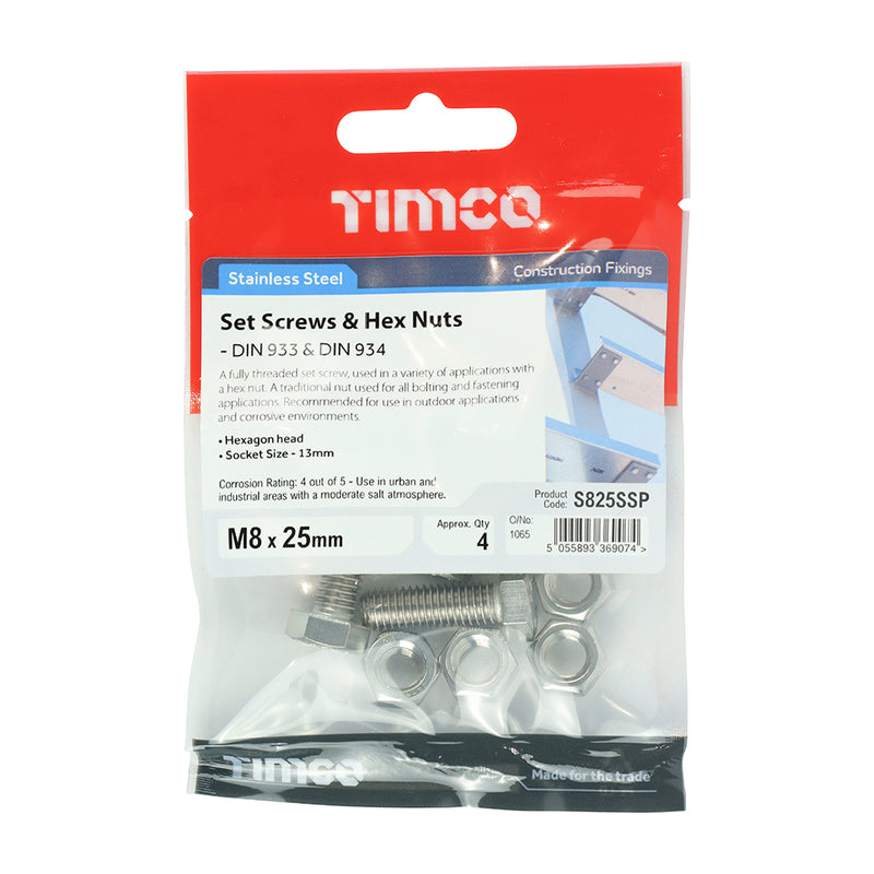 TIMCO Set Screws DIN933 Hex & Nut DIN934 Silver A2 Stainless Steel - M8 x 25