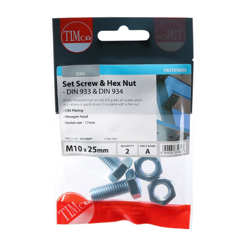 TIMCO Set Screws DIN933 Grade 8.8 & Hex Nut DIN934 Silver - M10 x 25