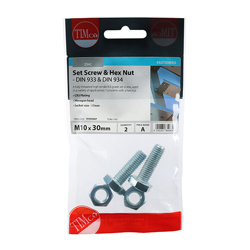 TIMCO Set Screws DIN933 Grade 8.8 & Hex Nut DIN934 Silver - M10 x 30