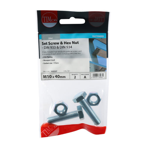 TIMCO Set Screws DIN933 Grade 8.8 & Hex Nut DIN934 Silver - M10 x 40