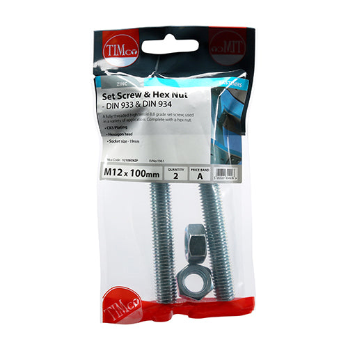 TIMCO Set Screws DIN933 Grade 8.8 & Hex Nut DIN934 Silver - M12 x 100
