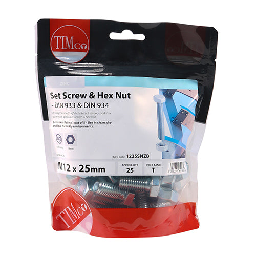 TIMCO Set Screws DIN933 Grade 8.8 & Hex Nut DIN934 Silver - M12 x 25