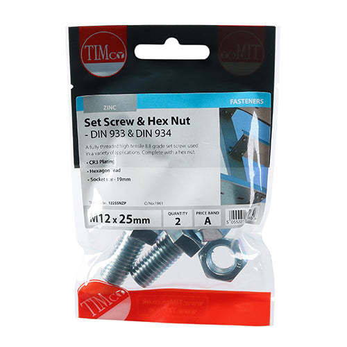 TIMCO Set Screws DIN933 Grade 8.8 & Hex Nut DIN934 Silver - M12 x 25