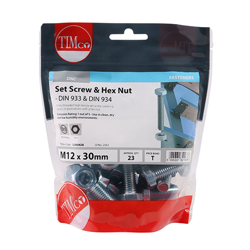 TIMCO Set Screws DIN933 Grade 8.8 & Hex Nut DIN934 Silver - M12 x 30