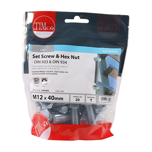 TIMCO Set Screws DIN933 Grade 8.8 & Hex Nut DIN934 Silver - M12 x 40