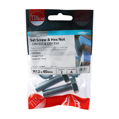 TIMCO Set Screws DIN933 Grade 8.8 & Hex Nut DIN934 Silver - M12 x 40