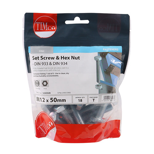 TIMCO Set Screws DIN933 Grade 8.8 & Hex Nut DIN934 Silver - M12 x 50